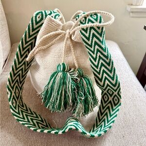 Wayuu Tribe Cream Bucket Bag with Green Strap and Tassels